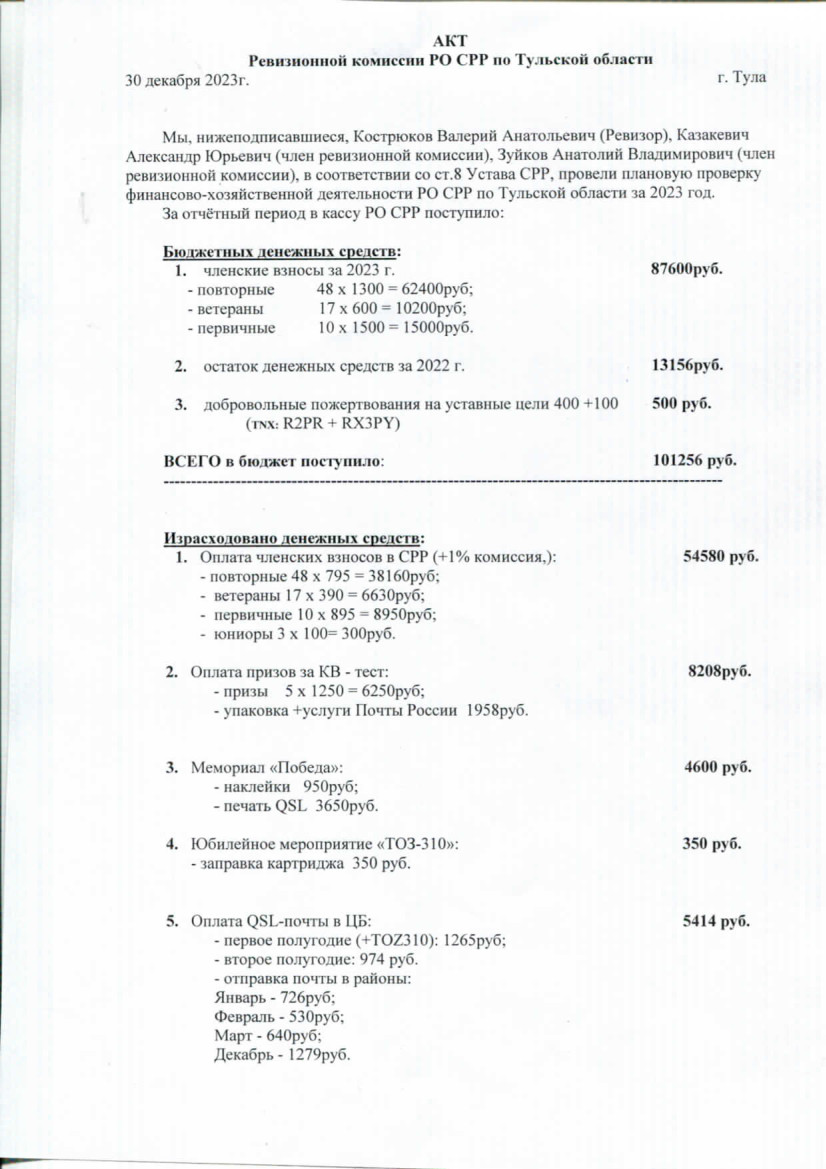 Акт ревизионной комиссии РО СРР по Тульской области - 2023