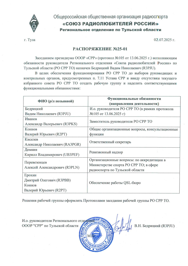 Распоряжение 25-01 от 02.07.2025